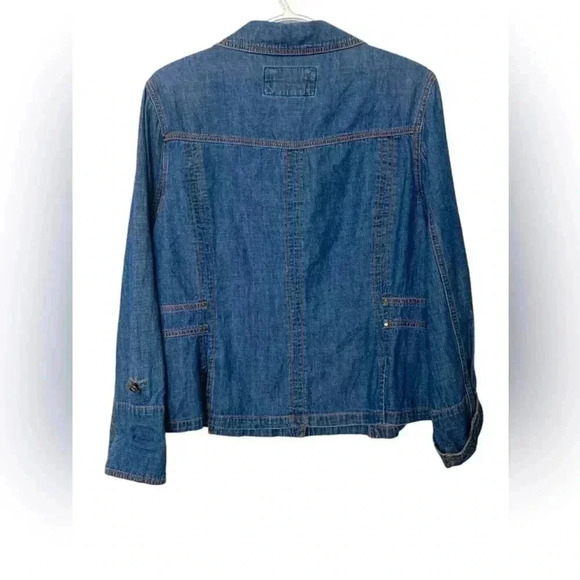 Live a Little Lightweight, Medium Wash Denim Shirt, V Neck, roll Up Sleeves - Picture 2 of 6